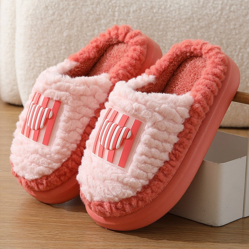 New Color-matching Lamb Slippers Indoor Couple Non-slip Floor Bedroom Slipper Winter Warm House Shoes For Women Men - Nyaabs