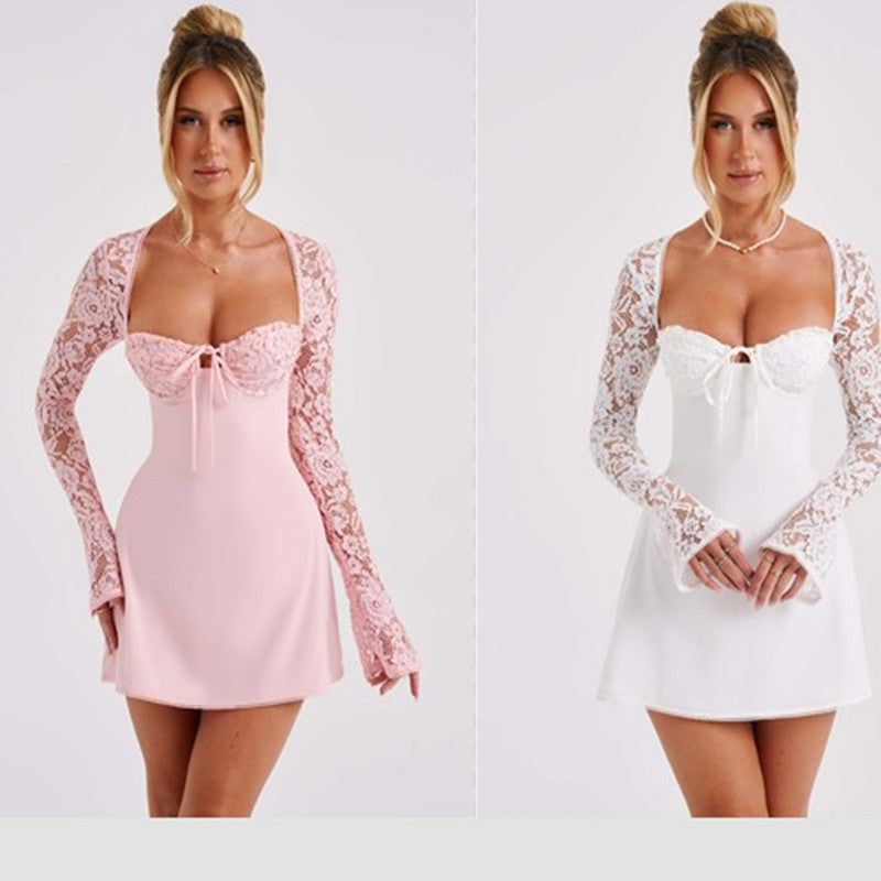 Fashion Corset Lace Long Sleeve Dress Sexy Y2K Backless Lace Up Short Dresses Womens Clothing - Nyaabs