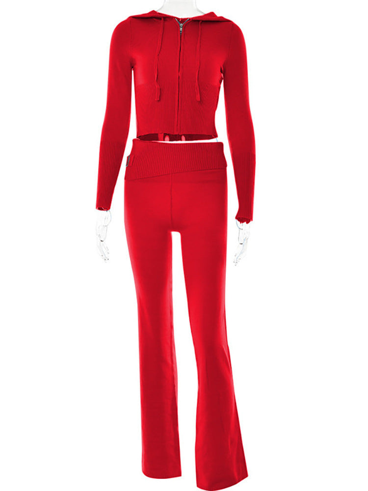 Hoodie Suit Women Leisure Sexy Zip Long Sleeve Sweater And High Waist Long Pants Set - Nyaabs