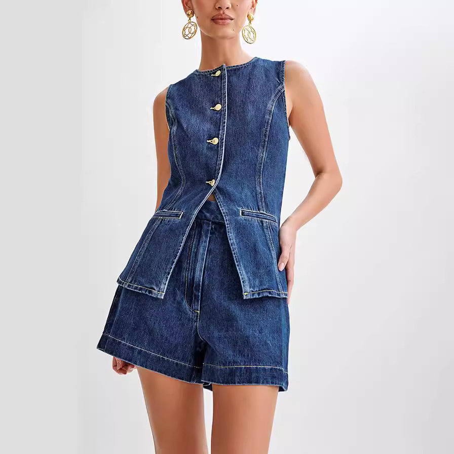 Fashion Denim Suit Summer Casual Sleeveless Button Vest Top And High Waist Shorts Set For Womens Clothing - Nyaabs