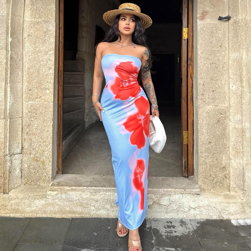 Slim Slit Tube Long Dress Summer Sexy Pint Party Beach Dresses Women's Clothing - Nyaabs