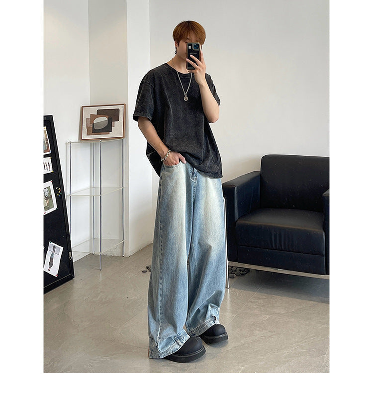 Retro Reverse Pocket Flip-down Jeans Men's Washed Wide-leg Pants - Nyaabs