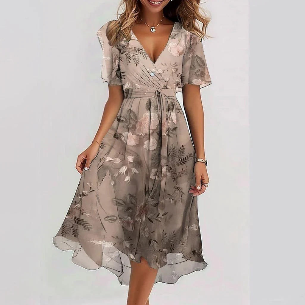 Chiffon Printed Short Sleeve Dress Summer Elegant V-neck Dresses Womens Clothing - Nyaabs