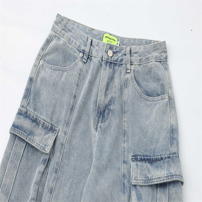 Washed Worn Jeans American Retro Wide Leg Straight Blue Loose-fitting Multi-pocket - Nyaabs