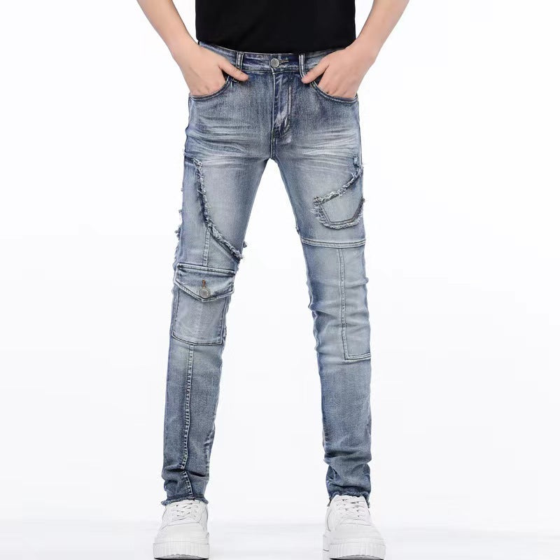 Distressed Raw Hem Ripped Stitching Stretch Denim Trousers - Nyaabs