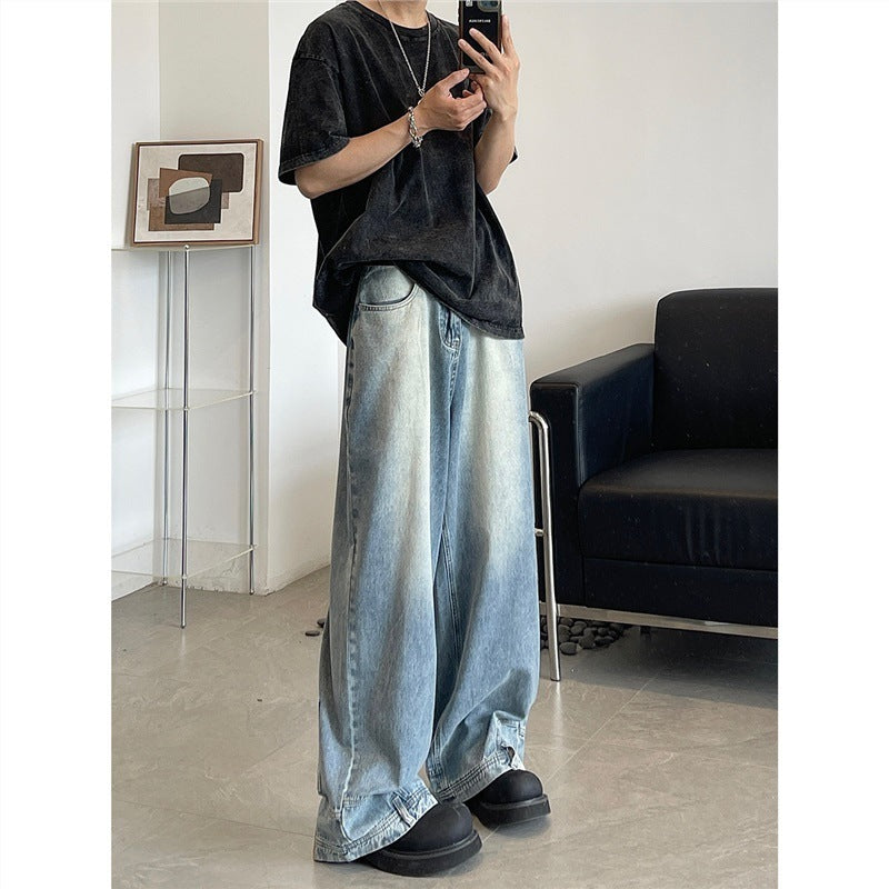 Retro Reverse Pocket Flip-down Jeans Men's Washed Wide-leg Pants - Nyaabs