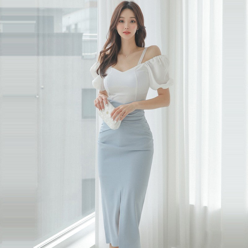 Off-shoulder Hip Skirt Waist Slit Two-piece Set - Nyaabs