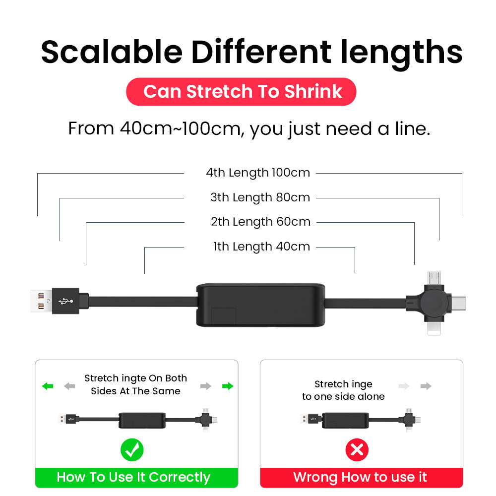 4 In 1 Retractable USB Cable Type C Micro  Phone Stand Charging Data Cable Line Storage Box - Nyaabs