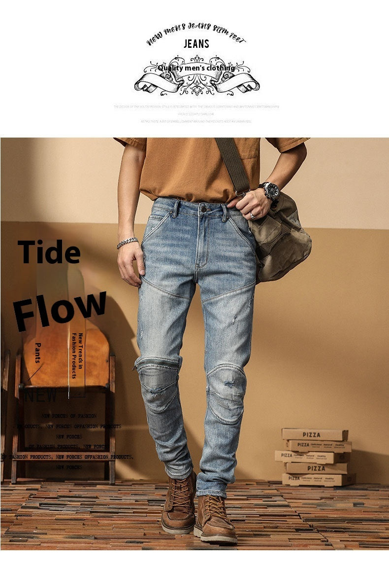 Motorcycle Jeans Korean Style Slim-fitting Ankle-tied High-end Men's Casual All-matching Stretch Pants - Nyaabs