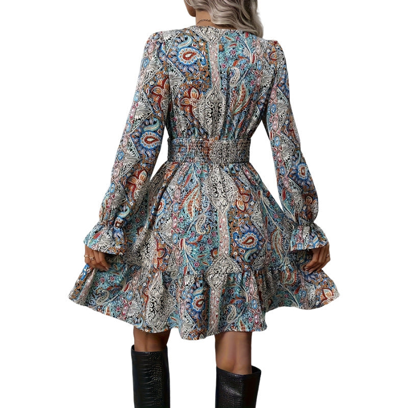 Women's Casual Printed V-neck Long Sleeved Dress nyaabs.com