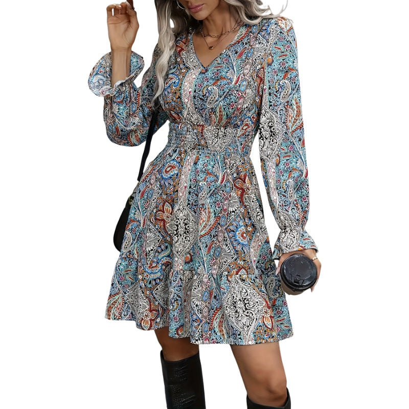 Women's Casual Printed V-neck Long Sleeved Dress nyaabs.com