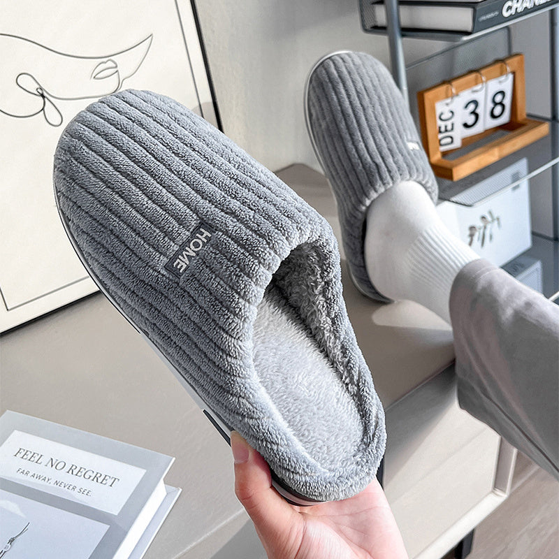 Solid Color Simple Cotton Slippers Winter Non-slip Home Warm Plush Slippers Household Indoor Couple Women's House Shoes - Nyaabs