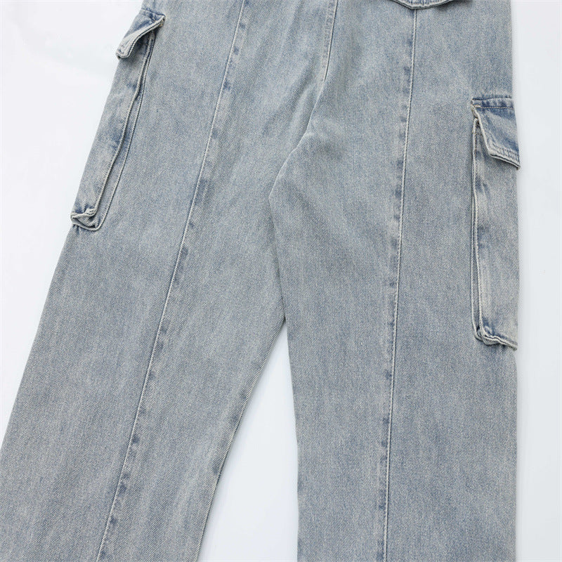 Washed Worn Jeans American Retro Wide Leg Straight Blue Loose-fitting Multi-pocket - Nyaabs