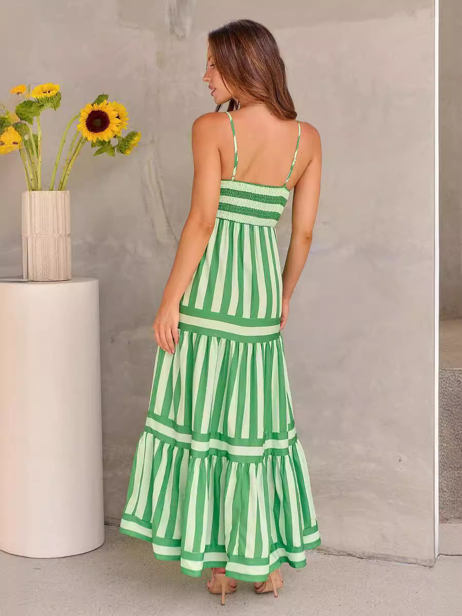 Summer Striped Printed Suspender Long Dress With Pockets Fashion Square Neck Backless Dresses For Beach Vacation Women Clothing - Nyaabs