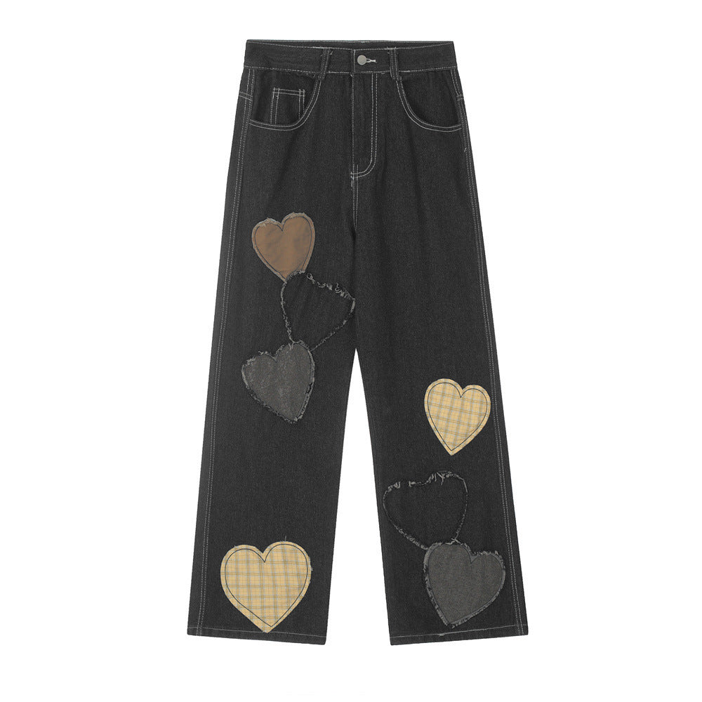 Contrast Color Love Patch Denim Straight-leg Trousers Men - Nyaabs