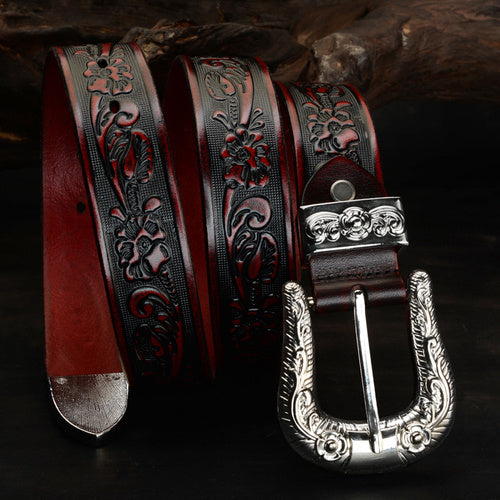 Carved Pin Buckle Leather Belt Head Layer Cowhide Embossed Belt - Nyaabs