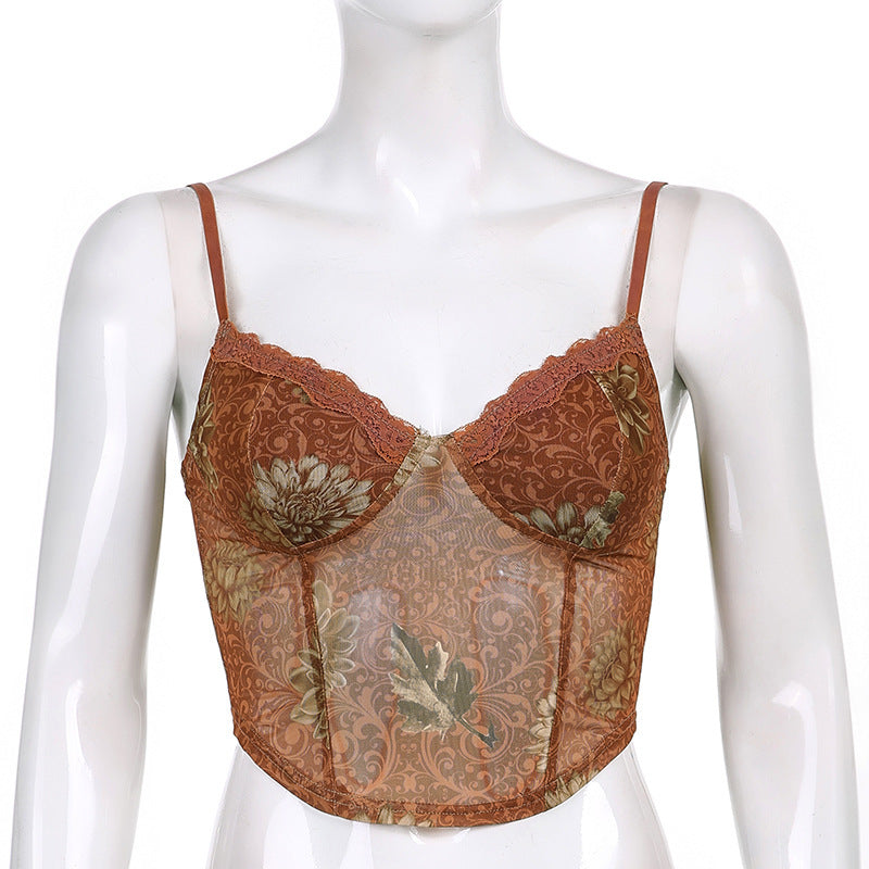 Bohemian Niche Printed Mesh Brown Underwear Spaghetti-strap Slip - Nyaabs