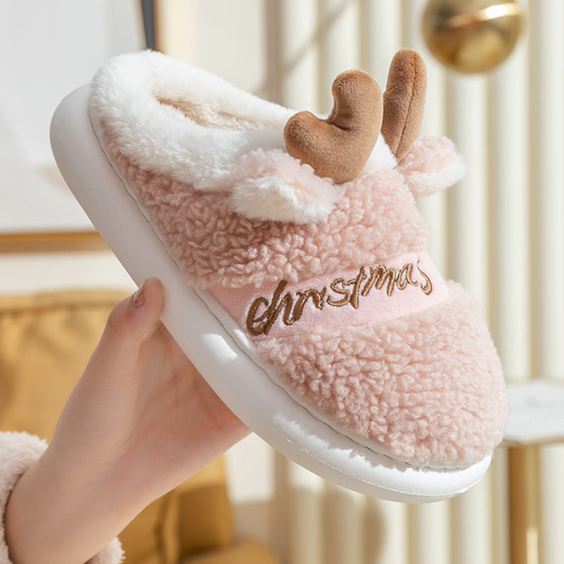 Christmas Shoes Winter Home Slippers Elk Soft Cozy Bedroom Slipper Slip On House Shoes - Nyaabs