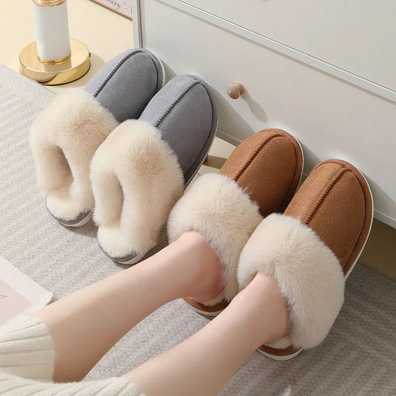 Winter Warm Plush Home Slippers Indoor Fur Slippers Women Soft Lined Cotton Shoes Comfy Non-Slip Bedroom Fuzzy House Shoes Women Couple - Nyaabs