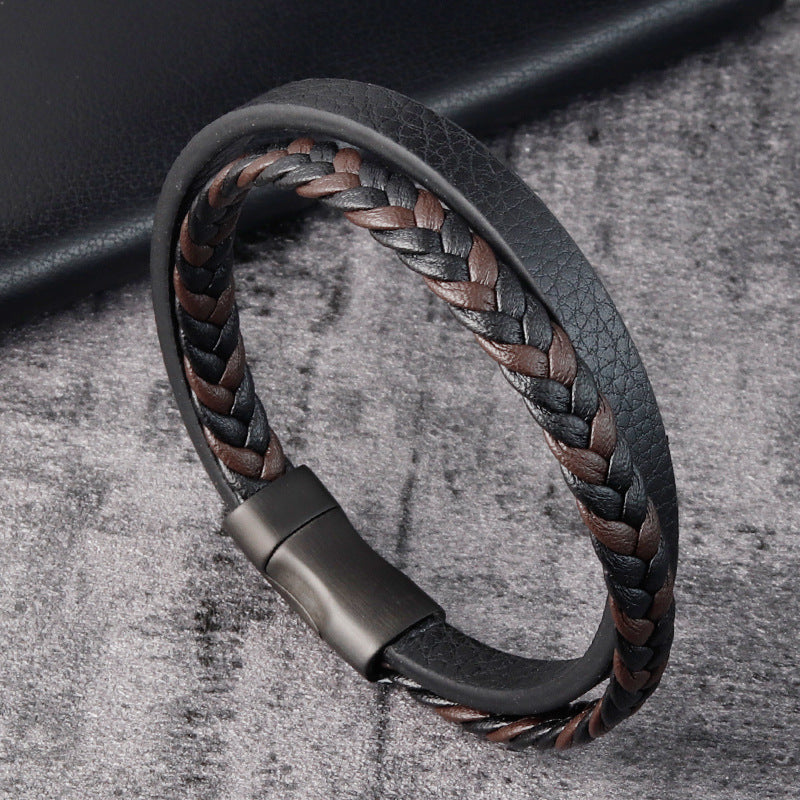 Leather Cord Stainless Steel Braided Bracelet Black Men - Nyaabs