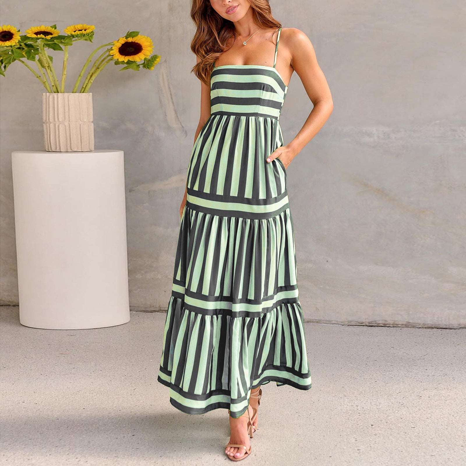 Summer Striped Printed Suspender Long Dress With Pockets Fashion Square Neck Backless Dresses For Beach Vacation Women Clothing - Nyaabs