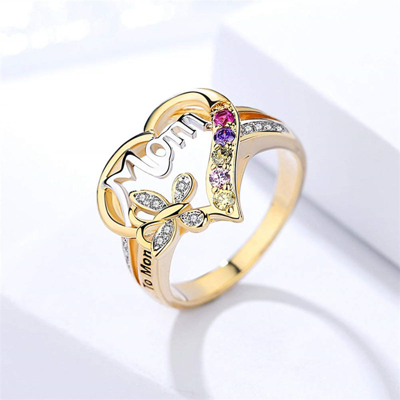 Mother's Day Gift Hollow Heart English Letter Love Mom Rhinestone Butterfly Finger Ring Jewelry Gift - Nyaabs