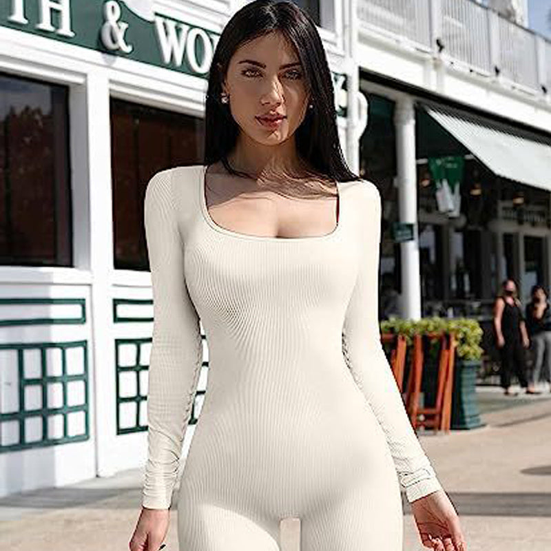 Women's Yoga Sports Fitness Jumpsuit Workout Long Sleeve Square Collar Clothing - Nyaabs