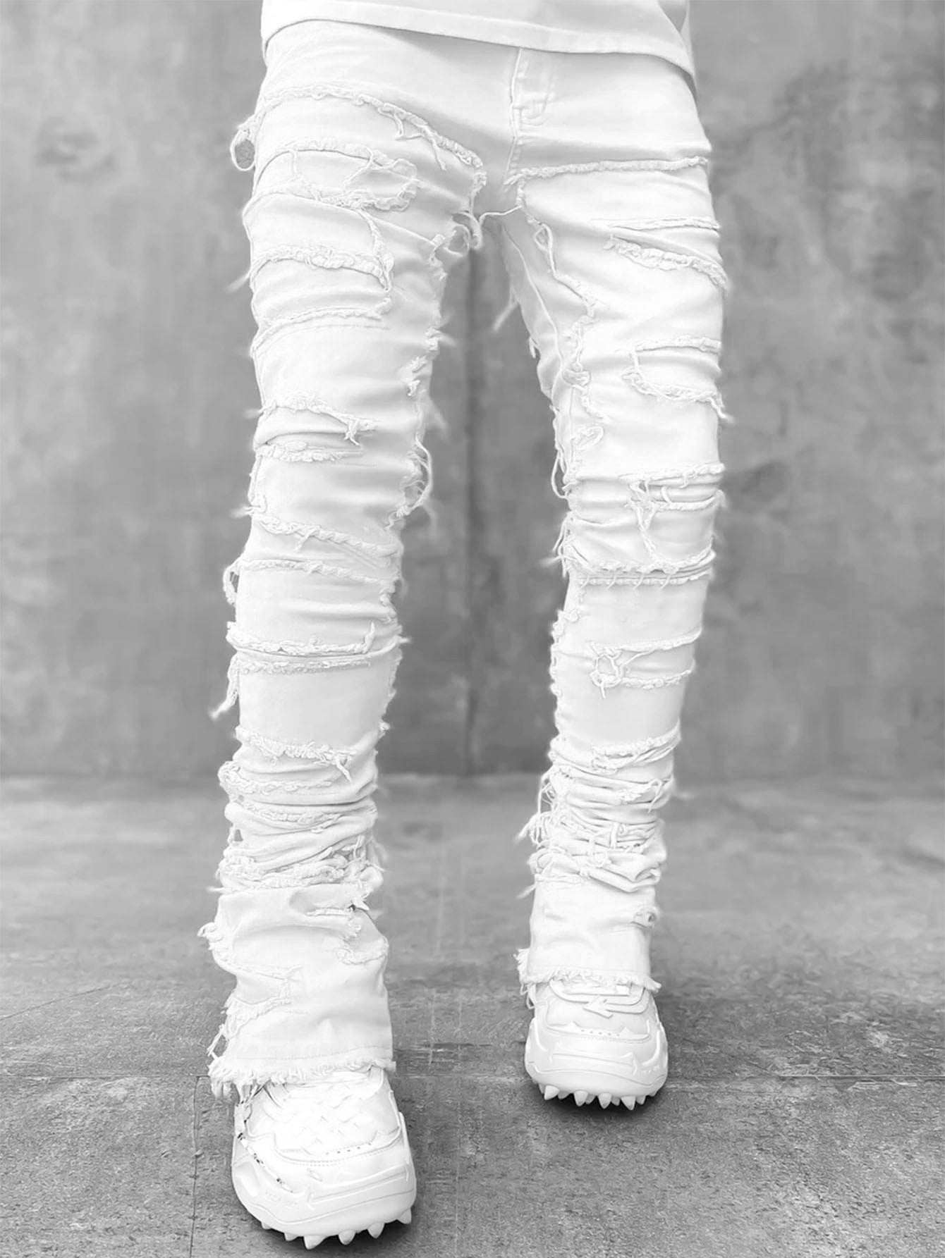 Men Trousers Individual Patched Pants Long Tight Fit Stacked Jeans For Mens Clothing - Nyaabs