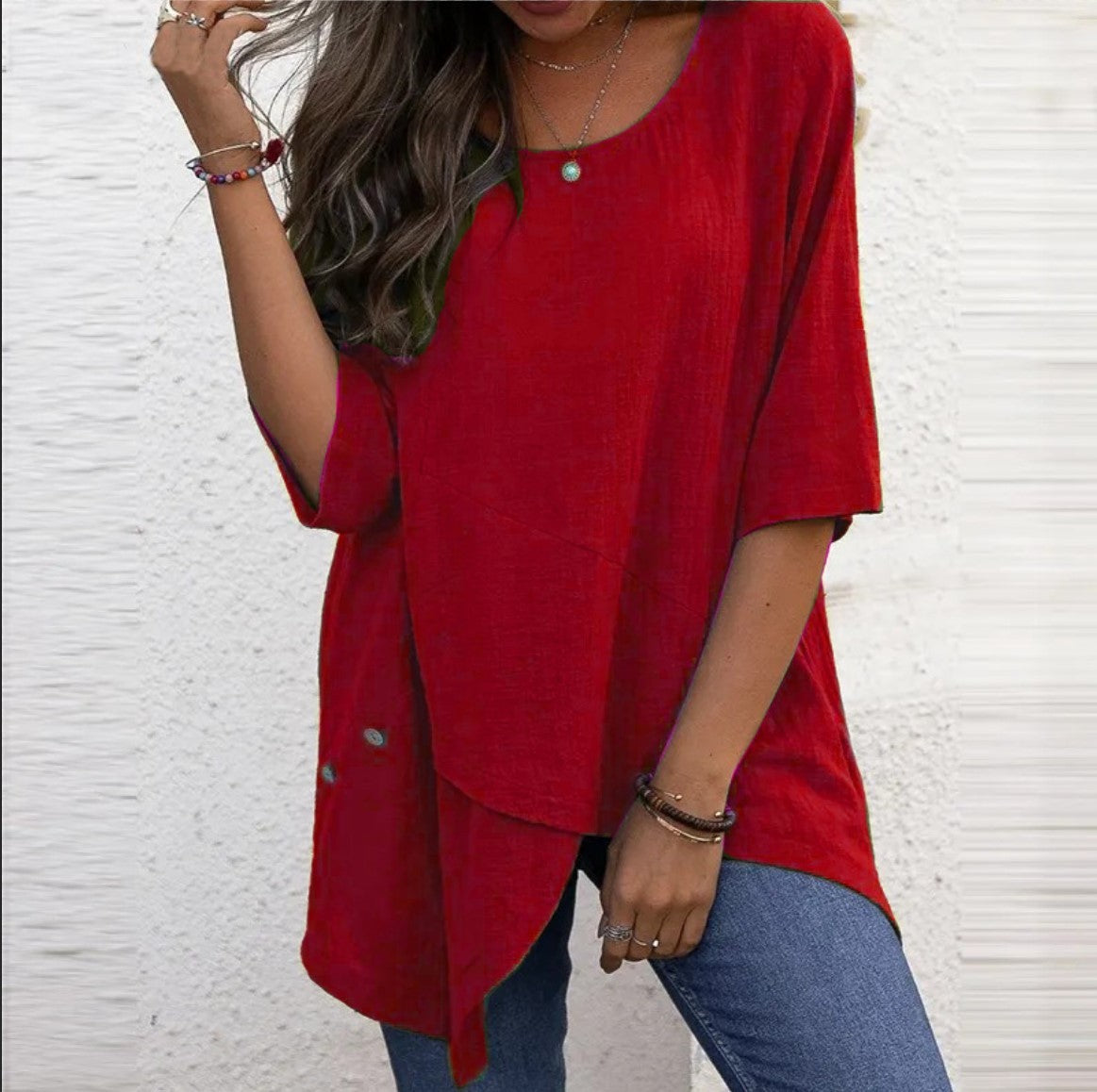 Cotton Linen Round-neck Irregular Shirt Half Sleeve Shirt - Nyaabs