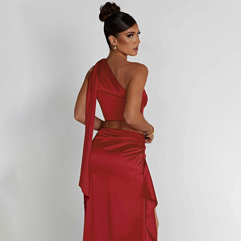 One-shoulder Satin Short Top High Waist Split Maxi Dress E - Nyaabs