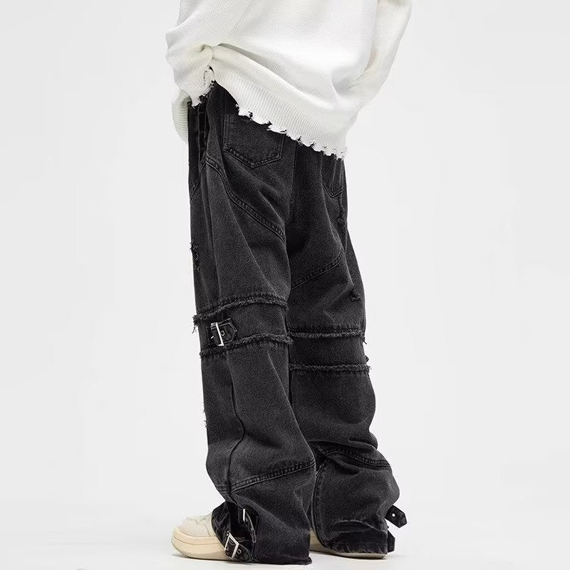 Lace-up Zipper Jeans Vintage Distressed Straight Loose Pants - Nyaabs