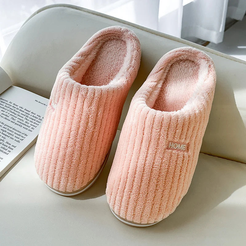 Solid Color Simple Cotton Slippers Winter Non-slip Home Warm Plush Slippers Household Indoor Couple Women's House Shoes - Nyaabs