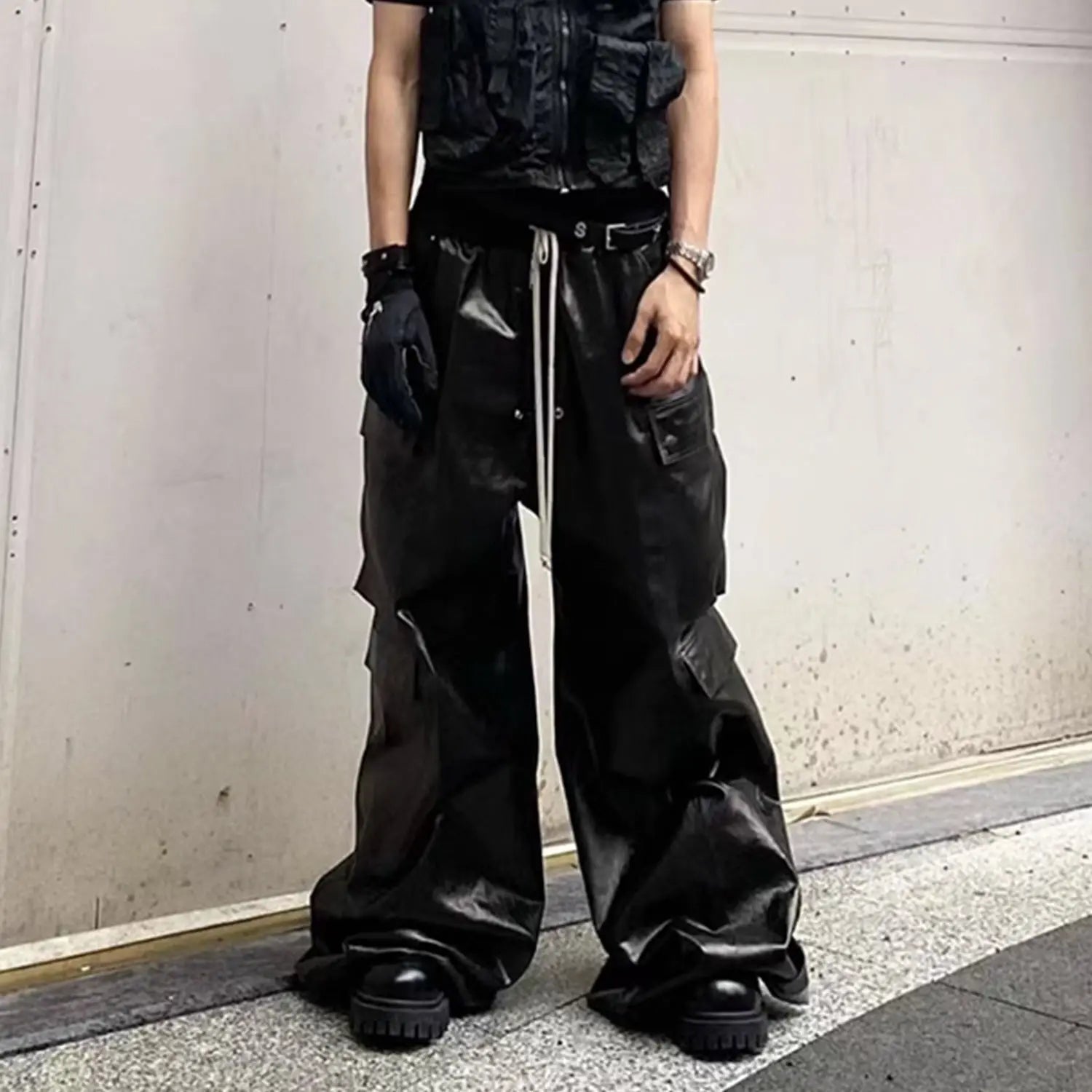 Bright Coated Wide Legged Black Casual Pants - Nyaabs