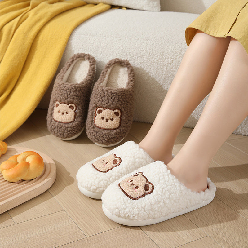 Cute Cartoon Bear Slippers For Couples Winter Warm Non-slip Floor Bedroom Slipper Home Men And Women House Shoes - Nyaabs