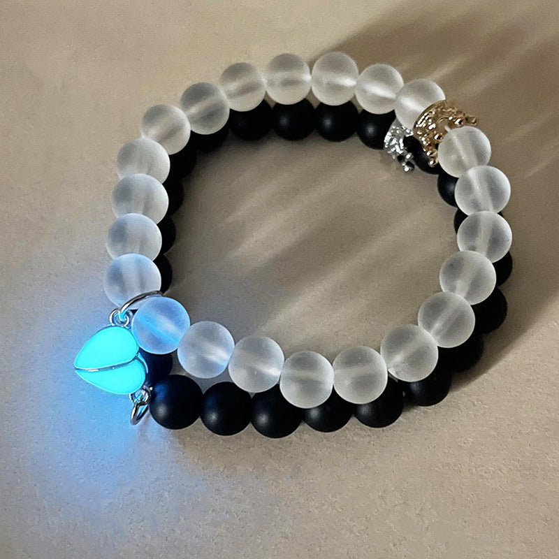 Fashion Jewelry 2pcs Handmade Crown Beaded Charms Bracelet Luminou Heart Glow In The Dark Couple Bracelet For Lover Men Women Fluorescent Gift - Nyaabs