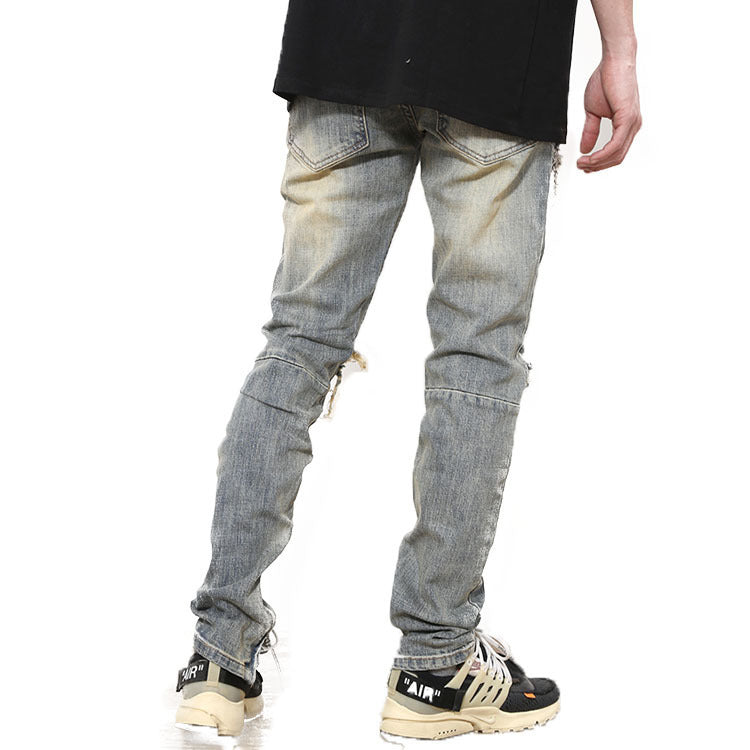 Ripped Washed Elastic Mid-waist Denim Trousers - Nyaabs