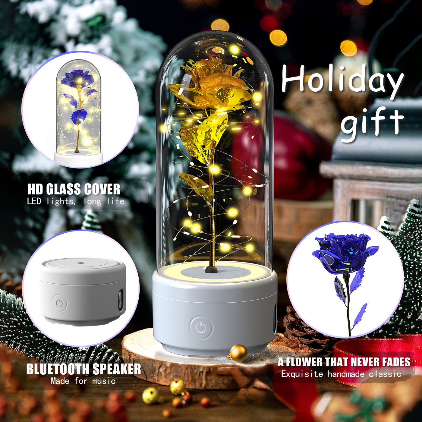 Creative 2 In 1 Rose Flowers LED Light And Bluetooth Speaker Valentine's Day Gift Rose Luminous Night Light Ornament In Glass Cover - Nyaabs