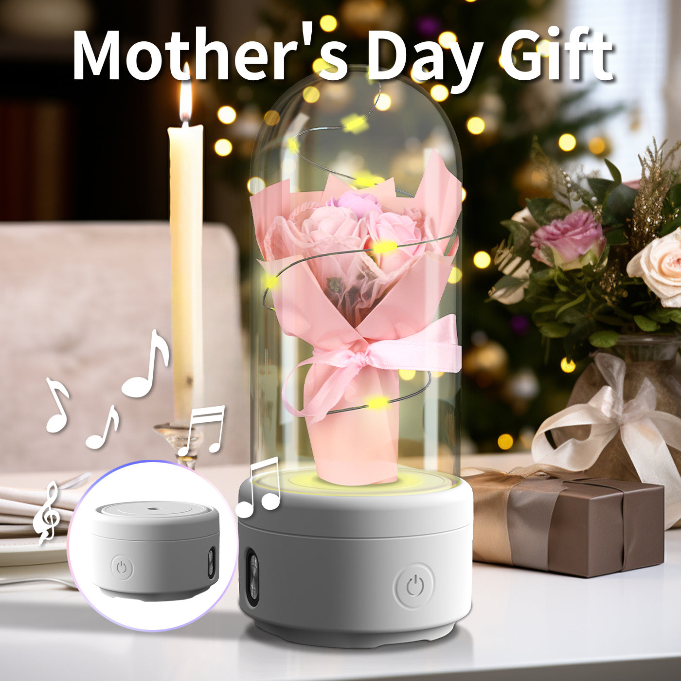 Creative 2 In 1 Bouquet LED Light And Bluetooth Speaker Mother's Day Gift Rose Luminous Night Light Ornament In Glass Cover - Nyaabs