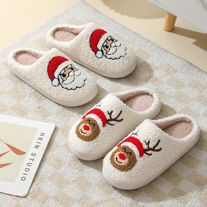 Christmas Home Slippers Cute Cartoon Santa Claus Cotton Slippers For Women And Men Couples Winter Warm Furry Shoes - Nyaabs