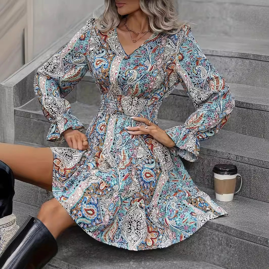 Women's Casual Printed V-neck Long Sleeved Dress nyaabs.com