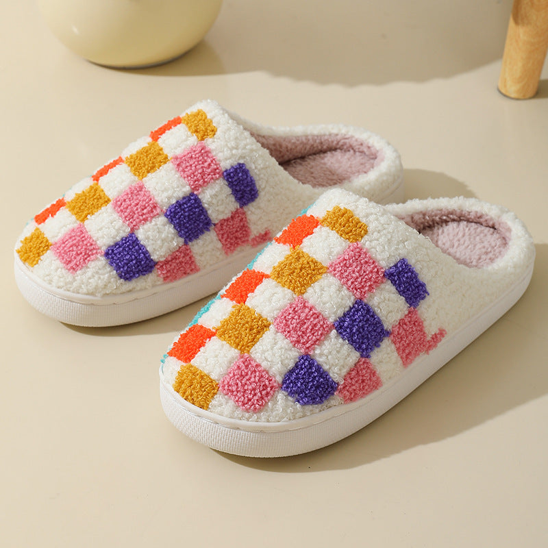 Fashion Colorful Checkerboard Home Slippers Couples Floor Bedroom Slipper Winter Warm Indoor House Shoes For Women And Men - Nyaabs