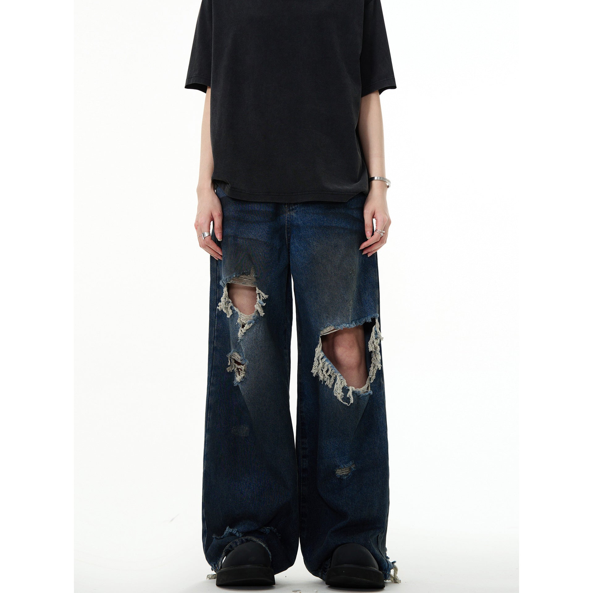 American Retro Make Old Ripped Design Mopping Jeans - Nyaabs