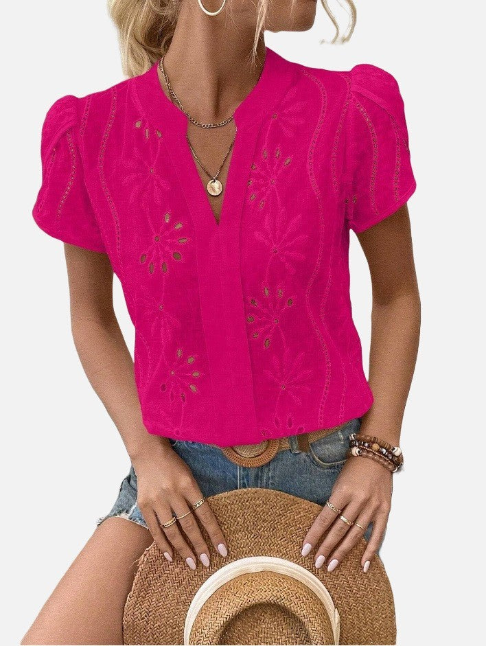 Women's Solid Color Hollow Embroidered Top - Nyaabs