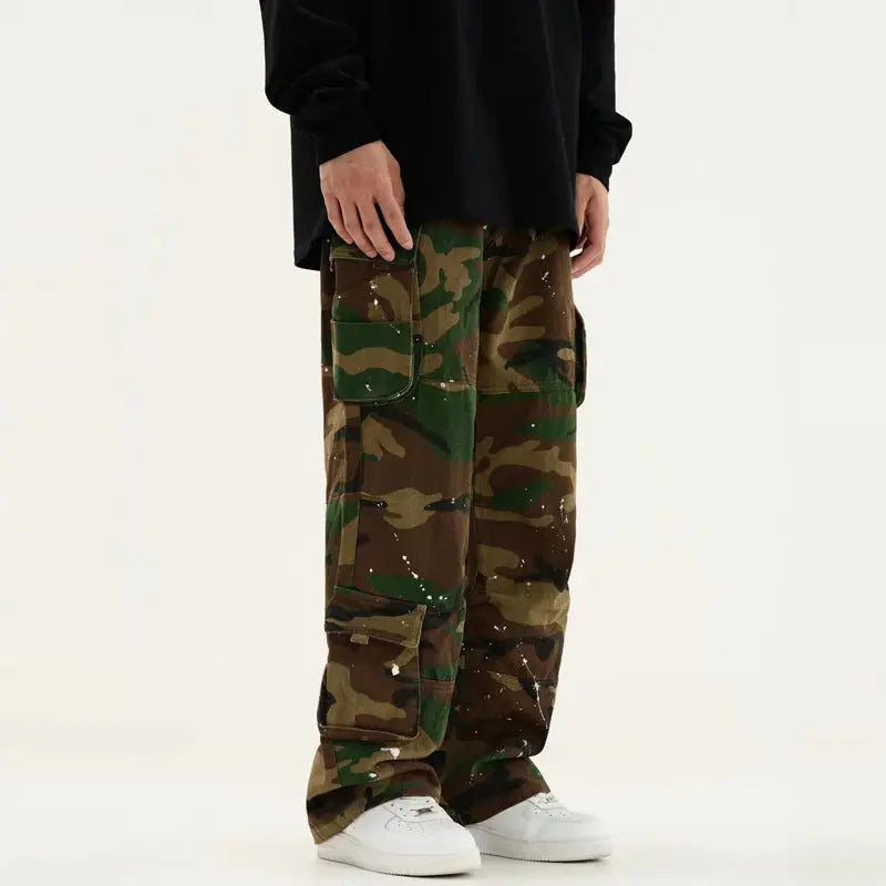 Camouflage High Waist Loose Straight Retro Workwear Casual Pants - Nyaabs