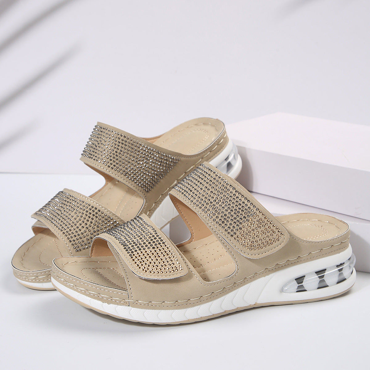 New Air Cushion Wedges Sandals Summer Casual Rhinestone Slides Roman Sandals For Women Non-slip Beach Shoes - Nyaabs