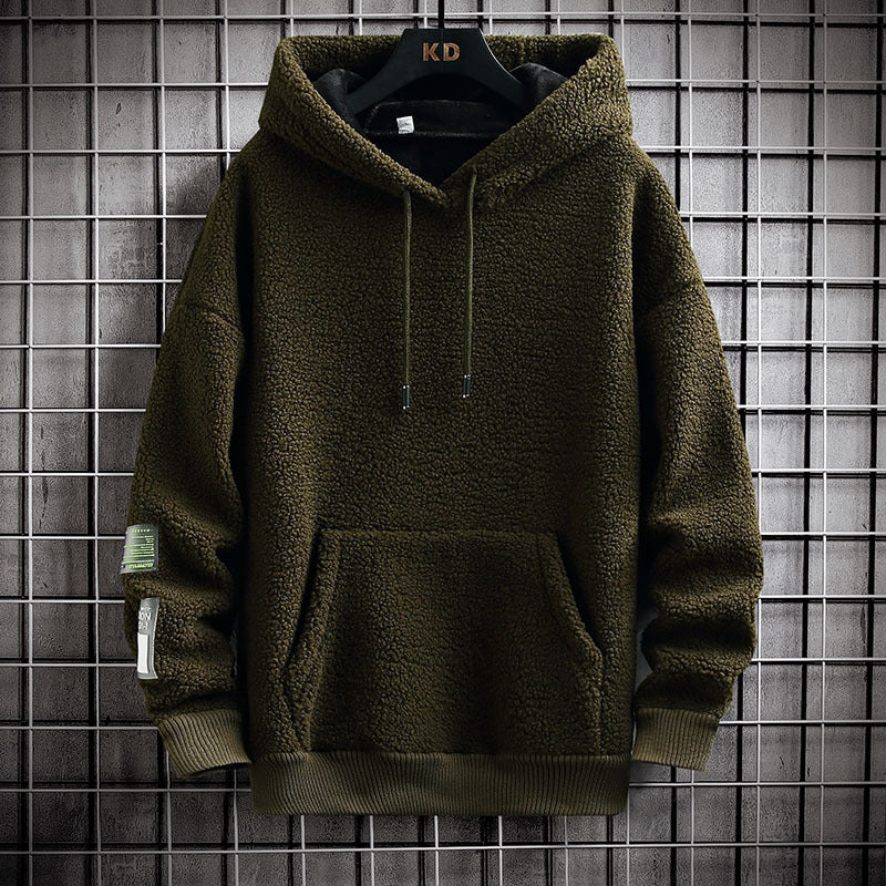 Men's Hooded Drawstring Pocket Lamb Wool Sweatshirt Velvet Padded Thickened Coat - Nyaabs