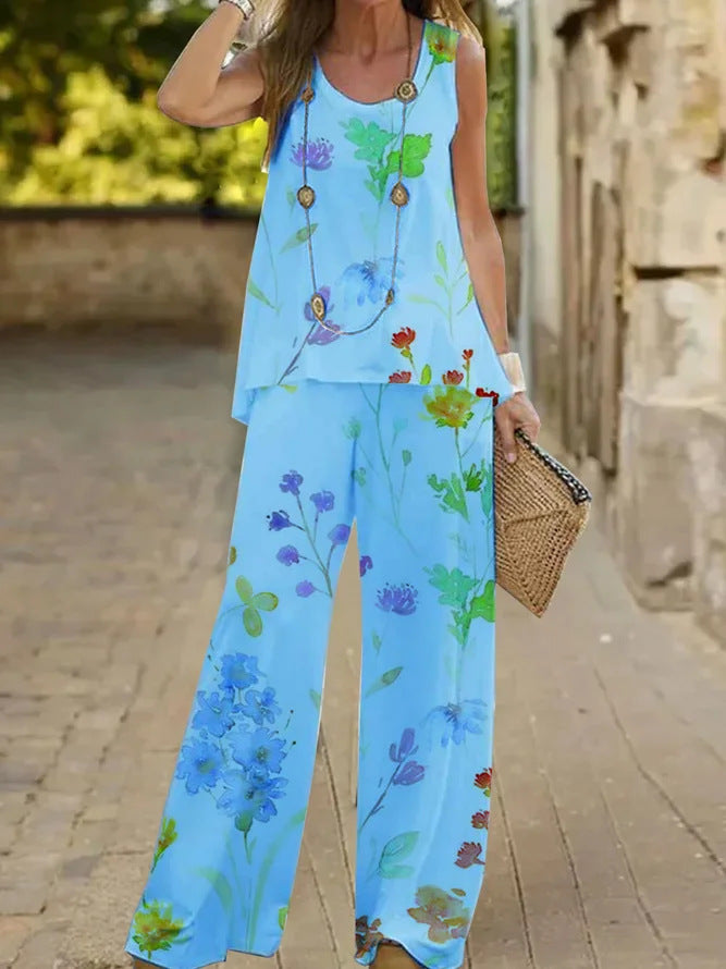 Women's Fashion Printed Casual Vest Trousers Two-piece Suit - Nyaabs