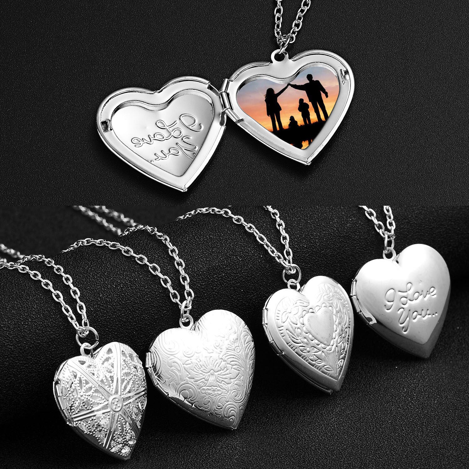 Carved Design Love Necklace Personalized Heart-shaped Photo Frame Pendant Necklace For Women Family Jewelry For Valentine's Day - Nyaabs