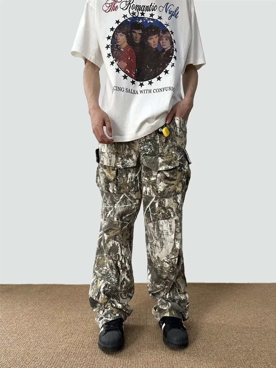 Loose Straight Tree Worn Looking Washed-out Camouflage Printed Overalls - Nyaabs