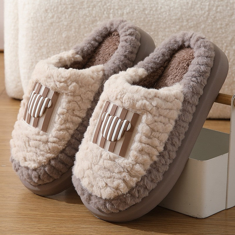 New Color-matching Lamb Slippers Indoor Couple Non-slip Floor Bedroom Slipper Winter Warm House Shoes For Women Men - Nyaabs